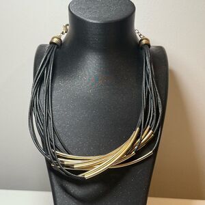 Black Cord Statement Necklace with Gold Tube Accents – Adjustable Length